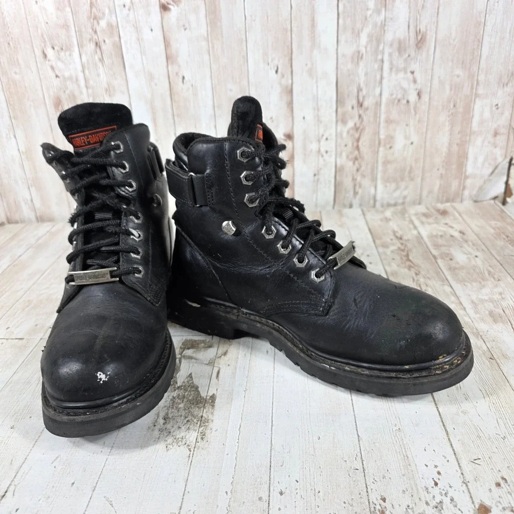 Harley Davidson Mens Black Leather Biker Boots Lace Up Ankle Strap 8.5 Wide Wide
